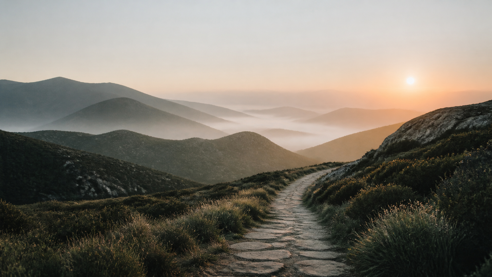 A clear path through layered hills toward warm morning light