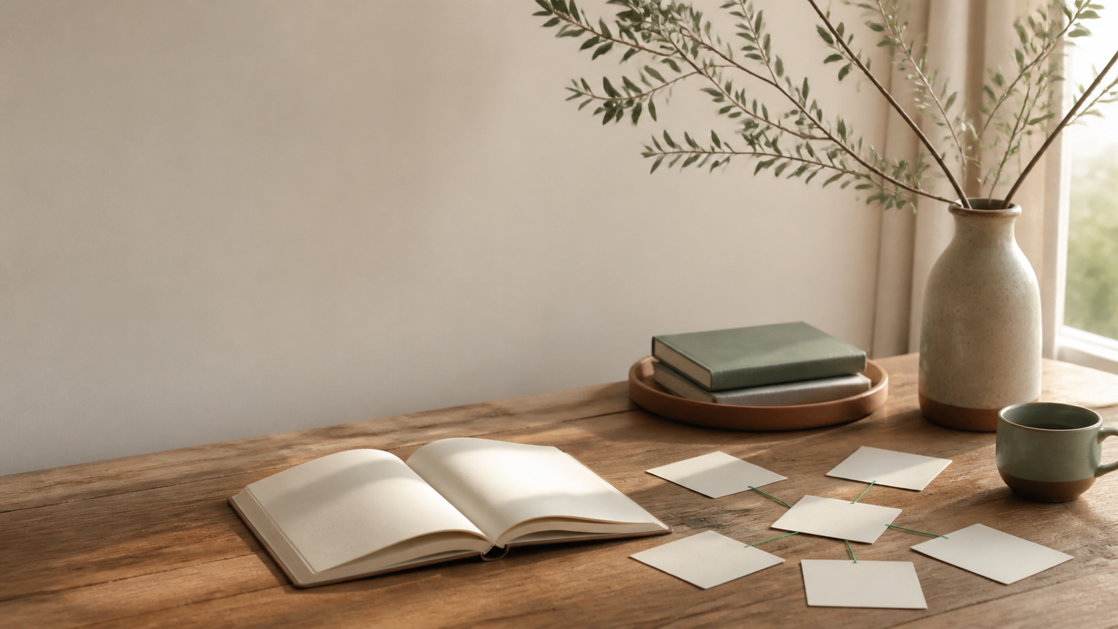 A calm desk with an open journal and connected reflection cards representing a whole-life assessment